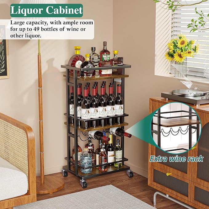 OKZEST 3-Tier Bar Cart for Home, Mini Rolling Liquor Cabinet & Serving Cart | Small alcohol coffee bar cart for party, Holds wine, liquor, beverage, glassware, shaker, coffee supplies, Rustic farmhouse