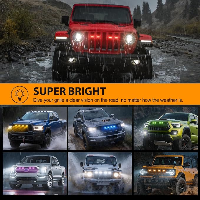 RGB LED Grille Lights 4PCS，Universal Clip-On Car Front，IP66 Atmosphere Exterior Grill Lights Remote APP Control，Compatible with Jeep Wrangler,Ford F150,Dodge Ram 1500,Toyota Tacoma