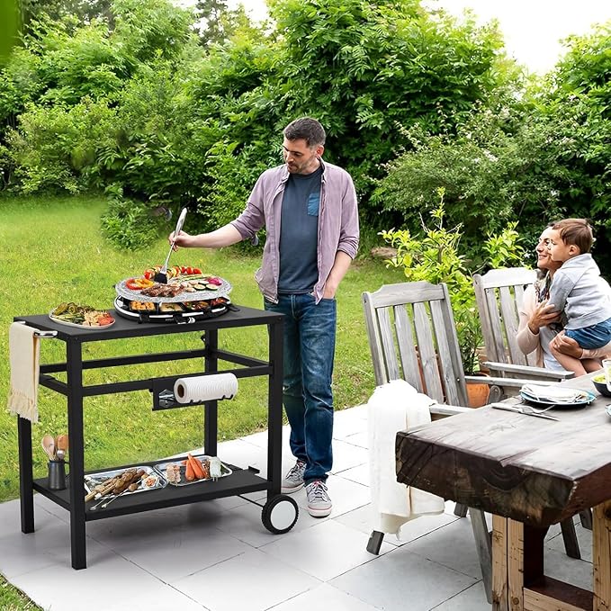 Outdoor BBQ Table Removable BBQ Prep Table with Wheels, Hooks and Side Handles Double Shelf Outdoor Food Cart for Kitchen, Camping, Bar and Terrace