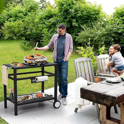 Outdoor BBQ Table Removable BBQ Prep Table with Wheels, Hooks and Side Handles Double Shelf Outdoor Food Cart for Kitchen, Camping, Bar and Terrace