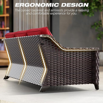 Joyside Patio Furniture Set, 3 Pieces Outdoor Wicker High Back Sofa with Ottoman and Comfy Cushions, Upgraded Large Size, All Weather High Back Conversation Set, (Brown/Red)
