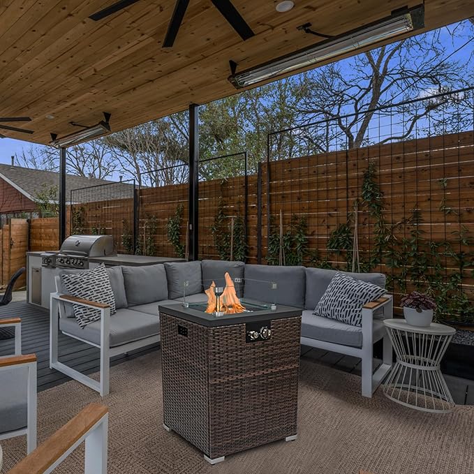 KEIKI 22 Inch Compact Gas Fire Pit, Square Wicker Fire Table with Steel Top, 50000 BTU Propane Fireplace for Outside Garden Deck