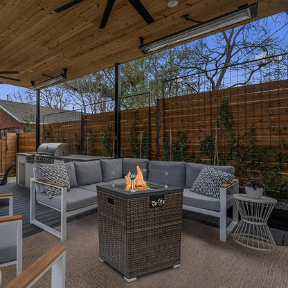 KEIKI 44 Inch Propane Fire Pit Table for Outside, Rectangular Wicker Gas Fireplace with Tile Top, 50000 BTU Auto Ignition System for Patio Garden Deck