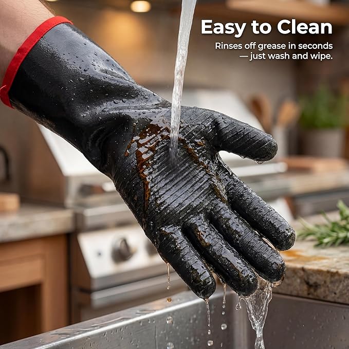 BBQ Gloves: Neoprene Heat Resistant Waterproof Grilling Gloves, 932F Temperature Protection with Cotton Lining for Smoker, Cooking, Outdoor Barbecue and More