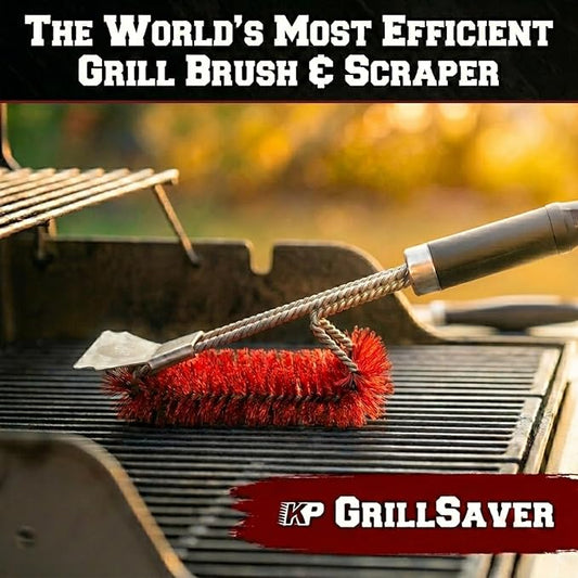 KITCHEN PERFECTION Nylon GrillSaver - Safe BBQ Grill Brush with Replaceable Cleaning Head -Heavy-Duty Grill Cleaner w/Scraper for Porcelain & Ceramic Grates, Includes Magnetic Hanger & Bottle Opener