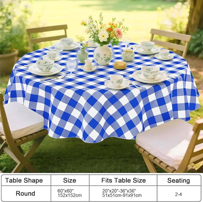 Smiry Picnic Table Cloth, Vinyl Tablecloths with Flannel Backing, 60" Round | Waterproof Picnic Table Cloth, Wipeable Buffalo Plaid Table Cover for Indoor and Outdoor (Blue & White)