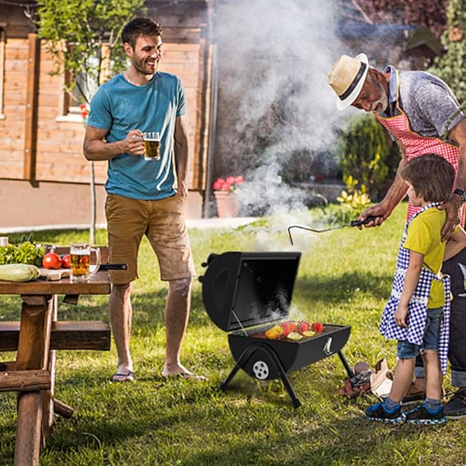 JATIBOSH Portable Charcoal Grill, Tabletop Outdoor Barbecue Smoker, Small BBQ Grill for Outdoor Cooking Backyard Camping Picnics Beach Black Suitable for 2-4 People