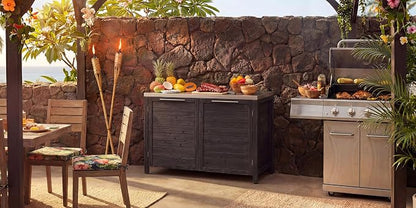 MOUMON Patio Kitchen Storage Cabinet with Stainless Steel Countertop, Solid Cedar Patio Prep Table for Grilling, Outdoor Cooking Station, Dark Grey 51.2”W x 23.6”D x 37.4”H