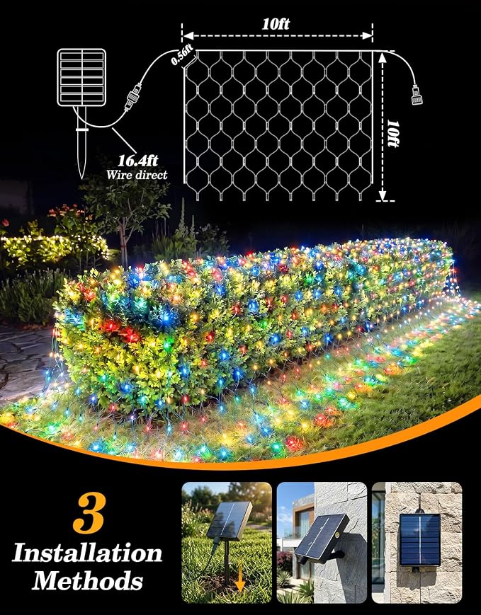 10x10FT Solar Christmas Net Lights Outdoor Waterproof with Remote | 240LED 8 Modes Solar & USB Powered Mesh Lights with Green Wire for Gazebo, Bush, Garden Shrubs, Lawn, Patio Decor, Multicolor