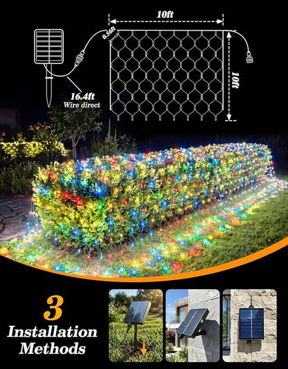 10x10FT Solar Christmas Net Lights Outdoor Waterproof with Remote | 240LED 8 Modes Solar & USB Powered Mesh Lights with Green Wire for Gazebo, Bush, Garden Shrubs, Lawn, Patio Decor, Multicolor