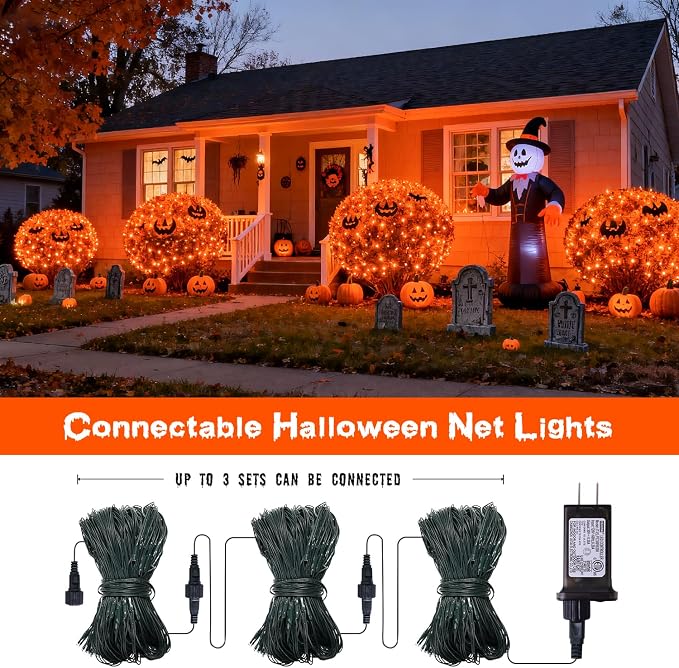 JMEXSUSS 360 LED Halloween Net Lights, Orange, 12ft x 5ft | Outdoor Waterproof, Connectable, Plug in, Mesh Lights with Remote for Bushes Shrubs Christmas Halloween Decorations