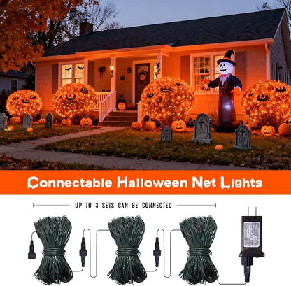 JMEXSUSS 360 LED Halloween Net Lights, Orange, 12ft x 5ft | Outdoor Waterproof, Connectable, Plug in, Mesh Lights with Remote for Bushes Shrubs Christmas Halloween Decorations