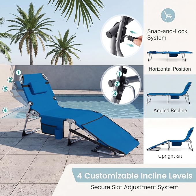 Goplus Tanning Chair with Face Arm Holes, Portable Sunbathing Chair with 4-Level Backrest & Head Pillow, Patio Lay Flat Folding Chaise Lounge with Side Pocket & Shoulder Strap for Poolside, Beach