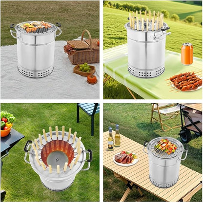 Portable Smokeless Charcoal Grills, Stainless Steel Charcoal BBQ Grill Barrel, 360° Cylinder Outdoor Barbecue Grill with Skewers for Picnic Camping Travel Gathering Patio Backyard