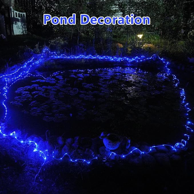 QITONG Blue Solar Rope Lights, 2 Pack Each 33ft 100 LED String Light Outdoor, Fairy Lights in Clear Thin Tube with 8 Modes