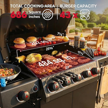 Feasto 5 Burner Propane Gas Grill with Side Burner & Sear Burner, Porcelain-Enameled Main Body and Lid, Propane BBQ Grill with Warming Rack & Storage Cabinet for Outdoor, Patio, Backyard