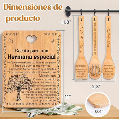 Regalos de cumpleaños para Hermana - "Receta para una Hermana especial". Juego de tablas de cortar y utensilios de bambú grabados. Regalos de cumpleaños para Hermana. Spanish Sister Cutting Board