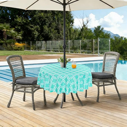 Poise3EHome Round Outdoor Tablecloth with Umbrella Hole and Zipper, Aqua 60 Inch Waterproof Patio Table Cloth, Heavy Duty Wipeable Table Cover for Summer BBQ, Picnic, Camping, Garden & Party Decor