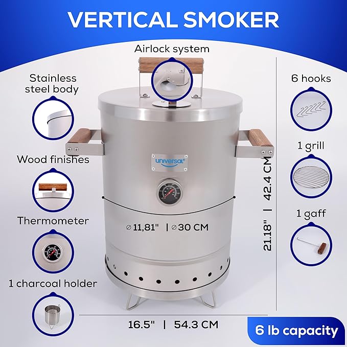 Universal Portable Charcoal Smoker (6 lb) Capacity, Stainless Steel Barrel Smoker Grill Combo, Vertical BBQ Smoker with Thermometer & Airflow Control, for Camping, Backyard, Tailgating
