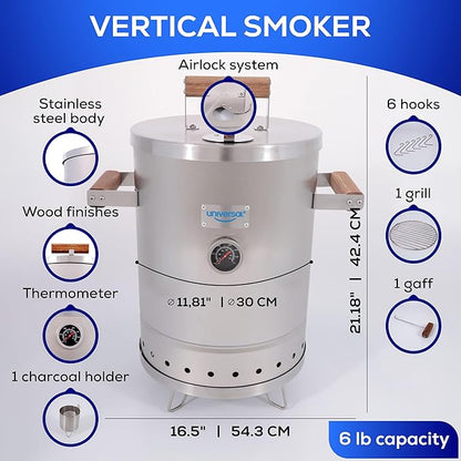 Universal Portable Charcoal Smoker (6 lb) Capacity, Stainless Steel Barrel Smoker Grill Combo, Vertical BBQ Smoker with Thermometer & Airflow Control, for Camping, Backyard, Tailgating