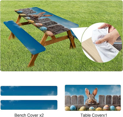 ANNA QUEEN Easter Outdoor Scene 6FT Picnic Table Cover with Bench Covers Set of 3 with Drawstring Bag, Bunny Fence Easter Eggs 72"x30" Waterproof Picnic Tablecloth & Bench Covers