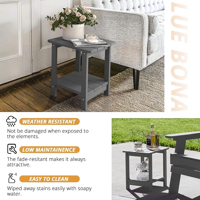 LUE BONA Outdoor Side Table, 2-Tier HDPS Small Patio Table, Dark Grey | 2-Tier Shelf for Extra Storage, Small End Table for Pool, Porch, Balcony, Weather Resistant HDPS, Easy Clean