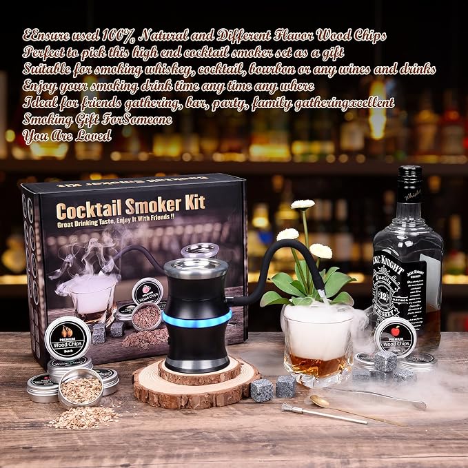 Electric Whiskey Smoker Kit, Cocktail Smoker Kit with Whiskey Stones & 8 Flavors Wood Chips, Drink Bourbon Old Fashioned Smoker Kit, Whiskey Gifts for Men, Dad, Husband, Boss, Boyfriend