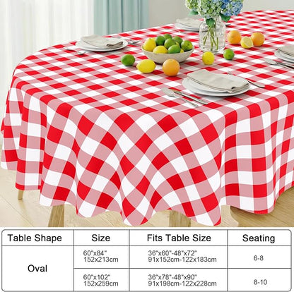 Smiry Oval Table Cloth, Vinyl Tablecloths with Flannel Backing, 60"x102" | Waterproof Picnic Table Cloth, Wipeable Buffalo Plaid Table Cover for Indoor and Outdoor (Red & White)