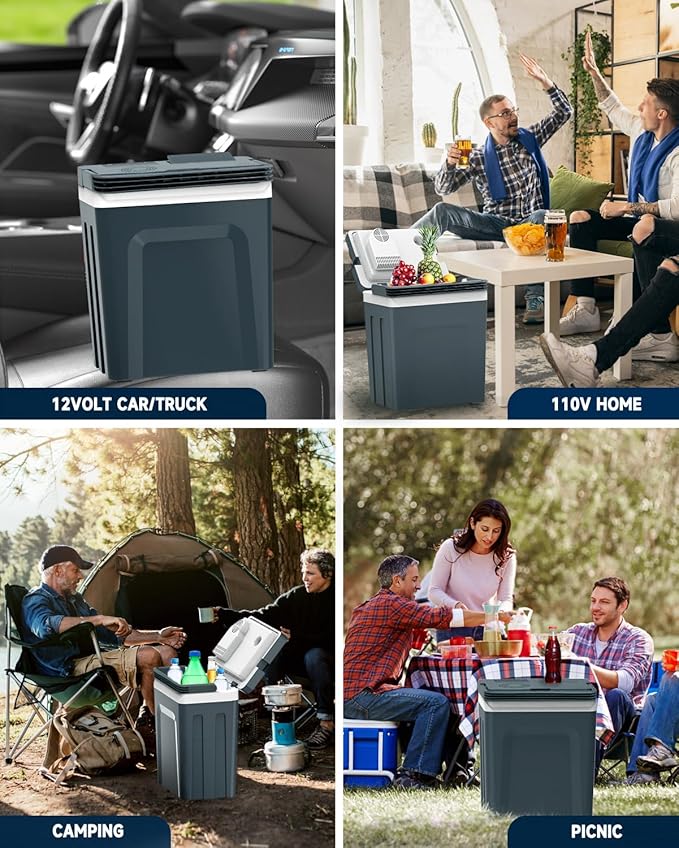 SubSun 27 Quart Electric Cooler and Warmer with Handle, 25L Portable Thermoelectric Fridge for Vehicles & Trucks, 12 Volt Car Fridge Cooler with 12V DC & 110 AC for Camping, Travel & Picnics, Grey