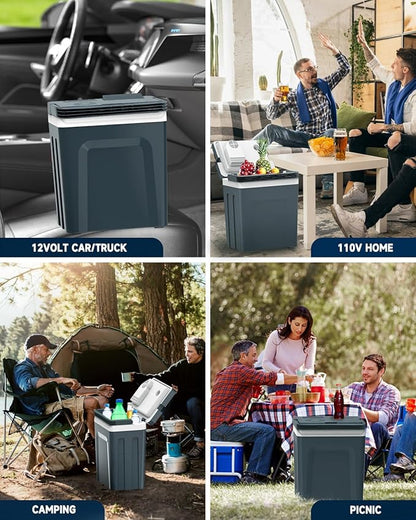 SubSun 27 Quart Electric Cooler and Warmer with Handle, 25L Portable Thermoelectric Fridge for Vehicles & Trucks, 12 Volt Car Fridge Cooler with 12V DC & 110 AC for Camping, Travel & Picnics, Grey