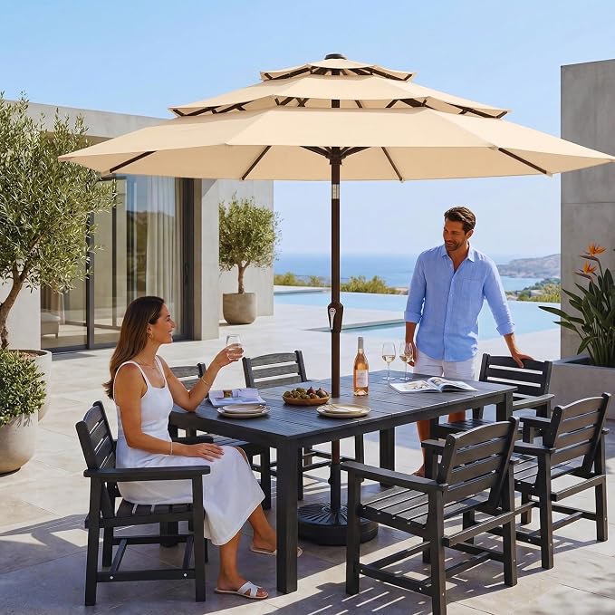 10ft 3 Tier Patio Umbrella, Outdoor Market Table Umbrella with UPF 50+ Vented Canopy, 8 Sturdy Ribs, Easy Push Button Tilt and Crank, Windproof for Deck, Pool, Backyard and Garden