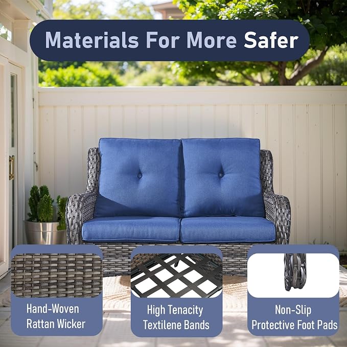Outdoor Loveseat Sofa-2 Seater Rattan Wicker Patio Couch High Back Patio Sofa for Porch Deck Backyard-Grey/Blue