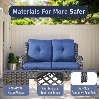 Outdoor Loveseat Sofa - 3 Piece Patio Furniture with Ottoman Deep Seating Patio Couch for Porch Deck Garden Backyard - Grey/Blue