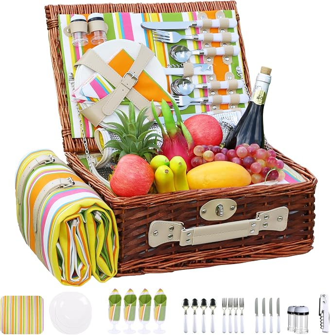 Wicker Picnic Basket Set for 4, Blanket, Cooler Bag, Rainbow Stripe | Four-Person Wicker Set Includes Tableware, Insulated Food Storage and Waterproof Blanket for Parks, Camping, Dates and Gifts
