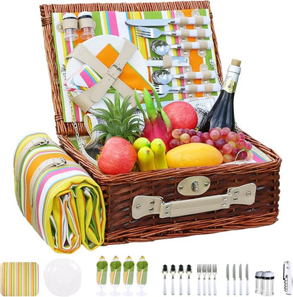 Wicker Picnic Basket Set for 4, Blanket, Cooler Bag, Rainbow Stripe | Four-Person Wicker Set Includes Tableware, Insulated Food Storage and Waterproof Blanket for Parks, Camping, Dates and Gifts