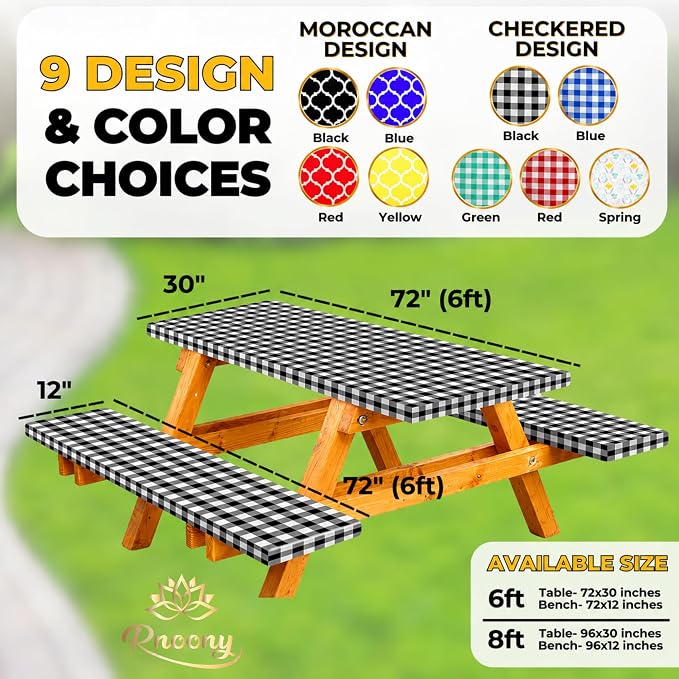 Vinyl Fitted Picnic Table Cover with Bench Covers & Bag 6ft Black Checkered | Rnoony Outdoor Waterproof, Windproof Tablecloth with Elastic Edges. Camping RV Gear Campers Must Have 72x30 Inches