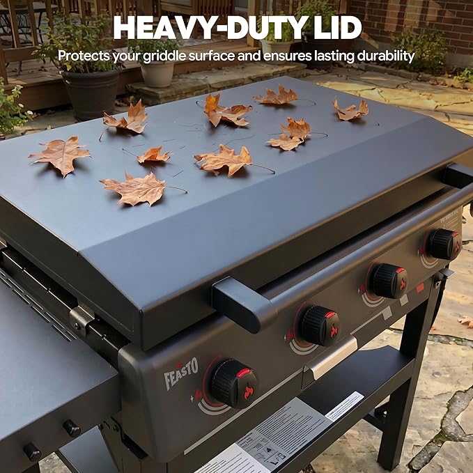 Feasto 36-Inch 4 Burner Propane Flat Top Grill with Hood and Side Burner | 720 Sq. In. Outdoor Griddle with Protective Hood, 50,000 BTU Main Burners, 13,000 BTU Lidded Side Burner, Folding Side Table