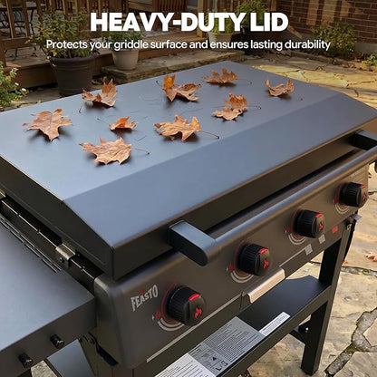 Feasto 36-Inch 4 Burner Propane Flat Top Grill with Hood and Side Burner | 720 Sq. In. Outdoor Griddle with Protective Hood, 50,000 BTU Main Burners, 13,000 BTU Lidded Side Burner, Folding Side Table