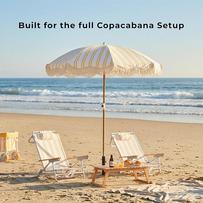 6FT Striped Fringe Beach Umbrella, Sand Anchor, UPF 50+ Sun Shade | Adjustable Tilt & Portable Design, Coastal Umbrella for Beach & Patio, Heritage Mimosa Stripe