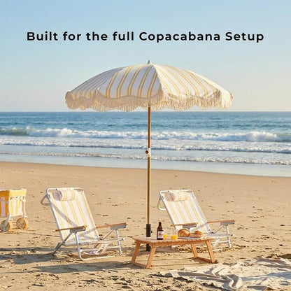 6FT Striped Fringe Beach Umbrella, Sand Anchor, UPF 50+ Sun Shade | Adjustable Tilt & Portable Design, Coastal Umbrella for Beach & Patio, Heritage Mimosa Stripe