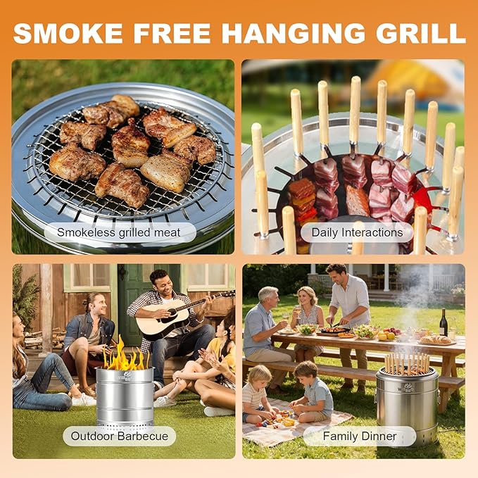 WILLBBQ Large Hanging Charcoal Grills, 360° Barrel Smoker, Stainless Steel Double-Wall Insulated, Portable for Outdoor Camping Patio (Bright Silver)