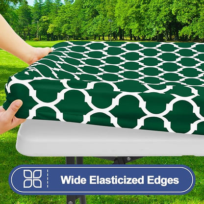 Smiry Picnic Table Cover with Bench Covers, Waterproof Elastic Fitted Tablecloth for 5 Foot Tables, Washable Polyester Tablecloths for Camping, Indoor & Outdoor (Emerald Green, 30x60 Inch 3-pc Set)
