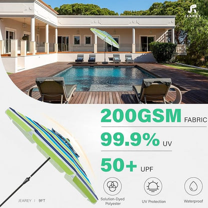JEAREY 9' 2-Tiers Patio Umbrellas Outdoor Market Table Umbrella w/Push Button Tilt/Crank, 8 Sturdy Ribs, UV Protection Waterproof Sunproof(Bold Blue-Green Stripe)
