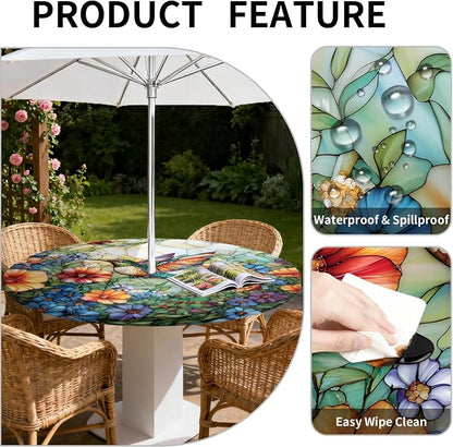 Outdoor Tablecloth with Umbrella Hole and Zipper Fits 61-65" Tables | Waterproof Round Fitted Tablecloth with Elastic Edge, Wipeable Outdoor Table Cover for Patio, Garden, Picnic