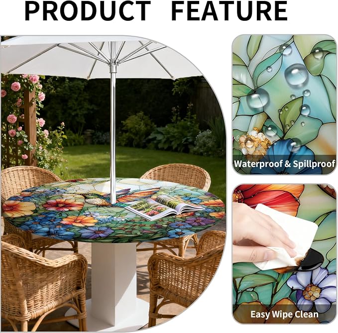 Outdoor Tablecloth with Umbrella Hole and Zipper Fits 49-52" Tables | Waterproof Round Fitted Tablecloth with Elastic Edge, Wipeable Outdoor Table Cover for Patio, Garden, Picnic