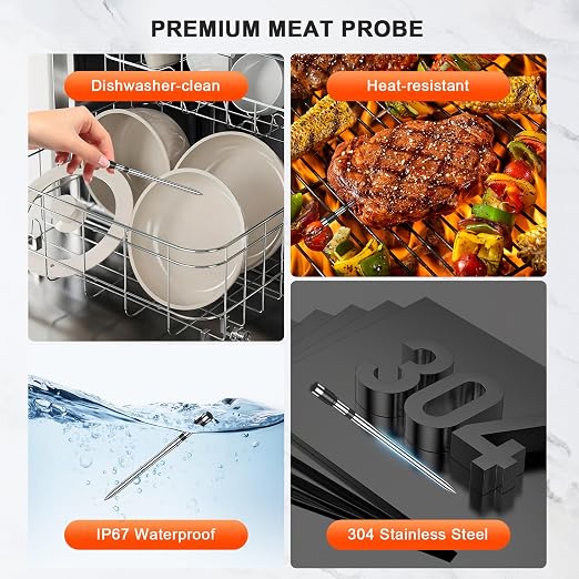 Wireless Meat Thermometer Digital - 800FT Bluetooth Food Thermometer for Cooking, NIST Certified Accuracy, Instant Read Thermometer Standalone Base for Grill BBQ Oven Smoker (Black)