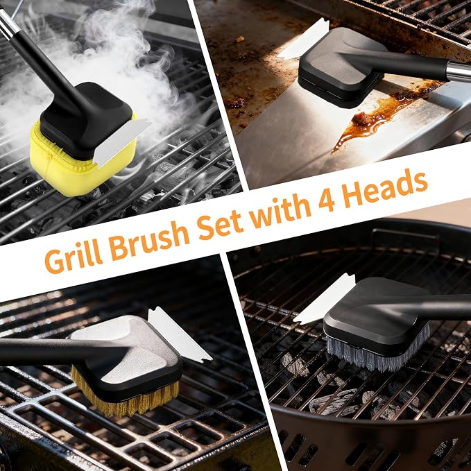 5Pcs Grill Brush for Outdoor Grill, w/Bristle Free BBQ Scraper | Grill Brush Set with Steam/Steel/Plastic/Scour Heads & 20.47" Handle, Safe for Cast Iron, Stainless Steel, Porcelain Grates