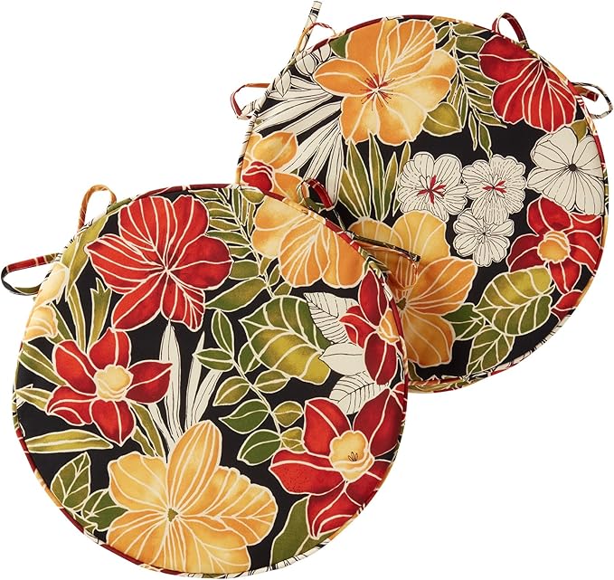 Set of 2 Outdoor 18 inch Round Patio Dining Chair Pads – Comfortable Fiber-Filled Seat Cushions with Ties, Reversible Polyester Fabric - Aloha Black Floral