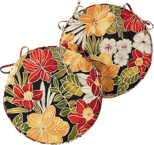 Set of 2 Outdoor 18 inch Round Patio Dining Chair Pads – Comfortable Fiber-Filled Seat Cushions with Ties, Reversible Polyester Fabric - Aloha Black Floral