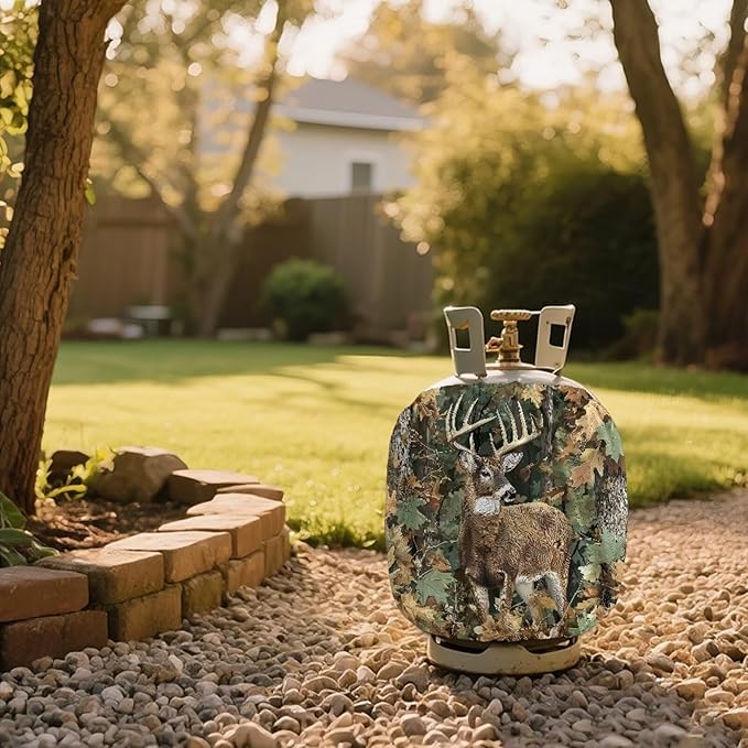 Camo Propane Tank Cover 20lb Reindeer Gas Tank Cylinder Cover for Outdoor Easy to Install RV Gas Cylinder Protector for All Season Gift for Friends